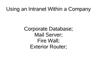 Using an Intranet Within a Company


       Corporate Database;
           Mail Server;
            Fire Wall;
         Exterior Router;
 