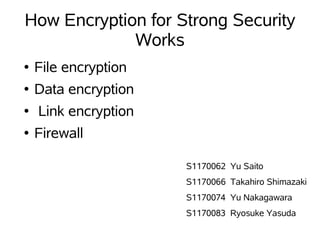 How Encryption for Strong Security
             Works
●   File encryption
●   Data encryption
●   Link encryption
●   Firewall

                      S1170062 Yu Saito
                      S1170066 Takahiro Shimazaki
                      S1170074 Yu Nakagawara
                      S1170083 Ryosuke Yasuda
 