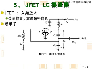 第 7 章 正弦波振盪器設計
   5 、 JFET LC 振盪器
JFET ： A 類放大
 Q 值較高，震盪頻率較低
考畢子




                         7-9
 