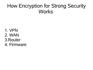 How Encryption for Strong Security
              Works


1. VPN
2. WAN
3.Router
4. Firmware
 