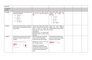 Materials
IV. Learning
Activities
A. Engage Using their white board, the students will
answer the following:

1
2
+
1
2
=¿

3
8
+
2
4
=¿
 5
2
5
+
6
10
=¿
You have 3/4 of a pizza, and you
ate 1/4 of it. How much pizza is
left?
Using their white board, the
students will answer the
following:

3
4
−
1
2
=¿

5
8
−
2
8
=¿
 5
2
5
−2
6
10
=¿
B. Explore Discuss the 4-step strategy in solving the
word problem: Understand-Plan-Answer-
Check Process
Provide each student with fraction
strips or fraction circles. Have them
work in pairs to model the
subtraction of fractions using the
manipulatives.
Subtracting 3/4 - 1/4, they should
physically remove a portion from
the whole.
Discuss the 4-step strategy in
solving the word problem:
Understand-Plan-Answer-Check
Process
C. Explain Demonstrate the step-by-step process of
solving word problem using the 4-step
strategy.
After the exploration, explain the
formal process of subtracting
fractions with like denominators.
Example: 3/4 - 1/4 = (3 - 1)/4 = 2/4,
then simplify if needed.
Introduce: The concept of
subtracting fractions with unlike
denominators. Demonstrate using
the least common denominator
(LCD).
Demonstrate the step-by-step
process of solving word problem
using the 4-step strategy.
 