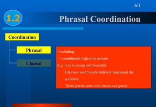 Phrasal Coordination  1.2 Coordination Phrasal Clausal <ul><li>including:  </li></ul><ul><li>+ coordinated Adjective phras...