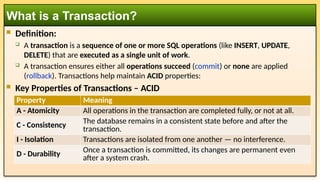 Definition:
 A transaction is a sequence of one or more SQL operations (like INSERT, UPDATE,
DELETE) that are executed as a single unit of work.
 A transaction ensures either all operations succeed (commit) or none are applied
(rollback). Transactions help maintain ACID properties:
 Key Properties of Transactions – ACID
What is a Transaction?
Property Meaning
A - Atomicity All operations in the transaction are completed fully, or not at all.
C - Consistency The database remains in a consistent state before and after the
transaction.
I - Isolation Transactions are isolated from one another — no interference.
D - Durability
Once a transaction is committed, its changes are permanent even
after a system crash.
 