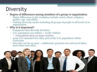 Diversity
• Degree of differences among members of a group or organization.
▫ Major differences in the workplace include r...