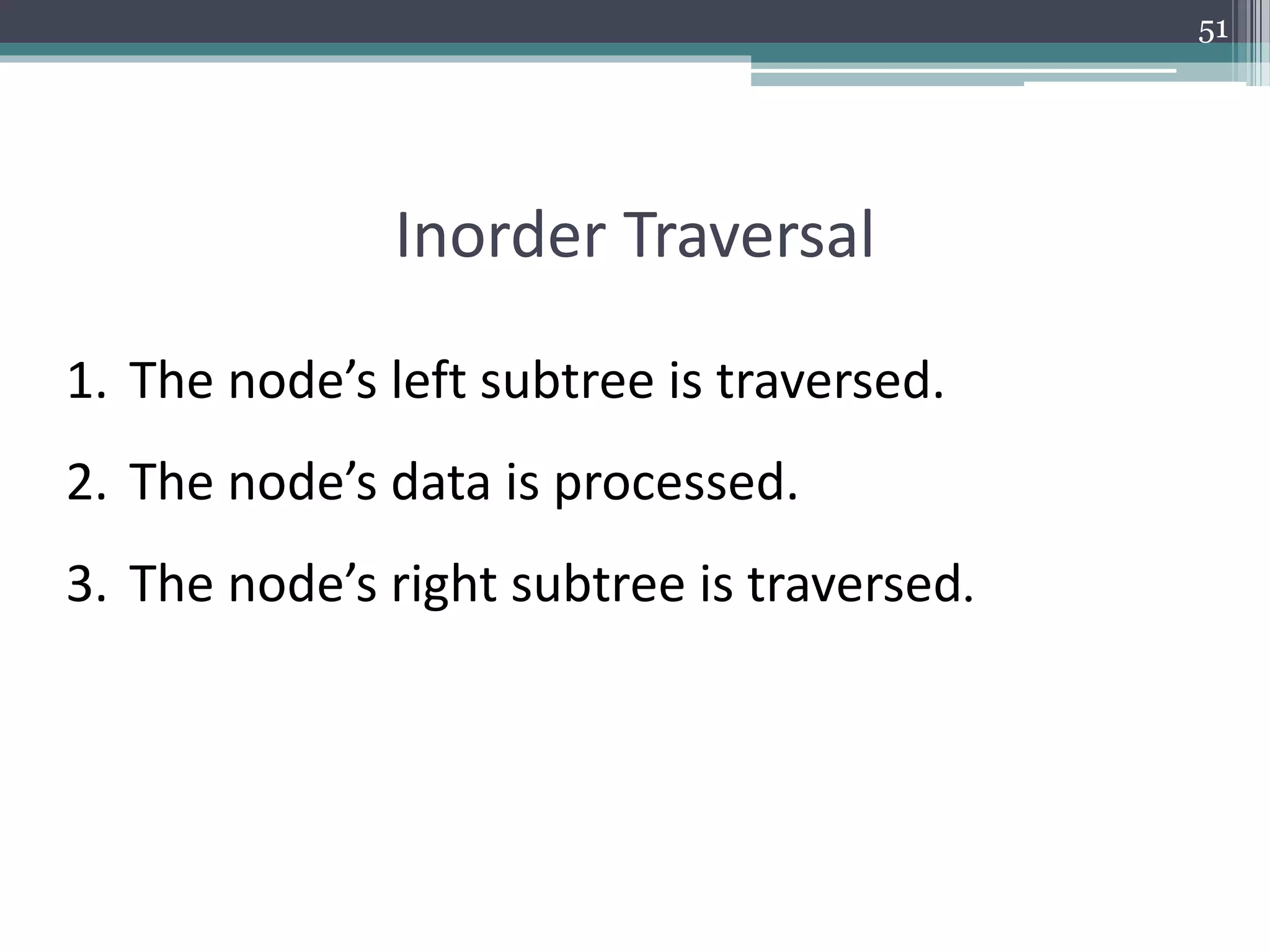 51
Inorder Traversal
1. The node’s left subtree is traversed.
2. The node’s data is processed.
3. The node’s right subtree is traversed.
 