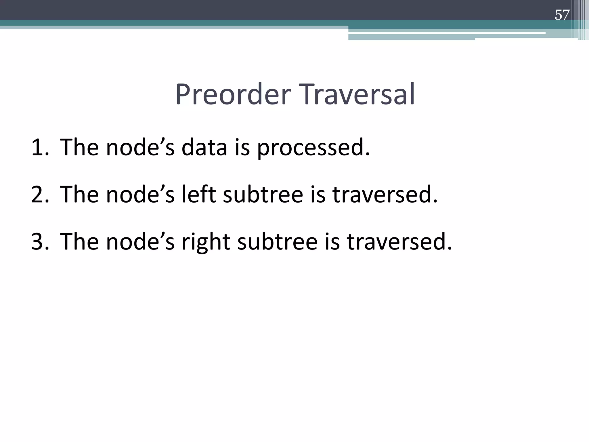 57
Preorder Traversal
1. The node’s data is processed.
2. The node’s left subtree is traversed.
3. The node’s right subtree is traversed.
 