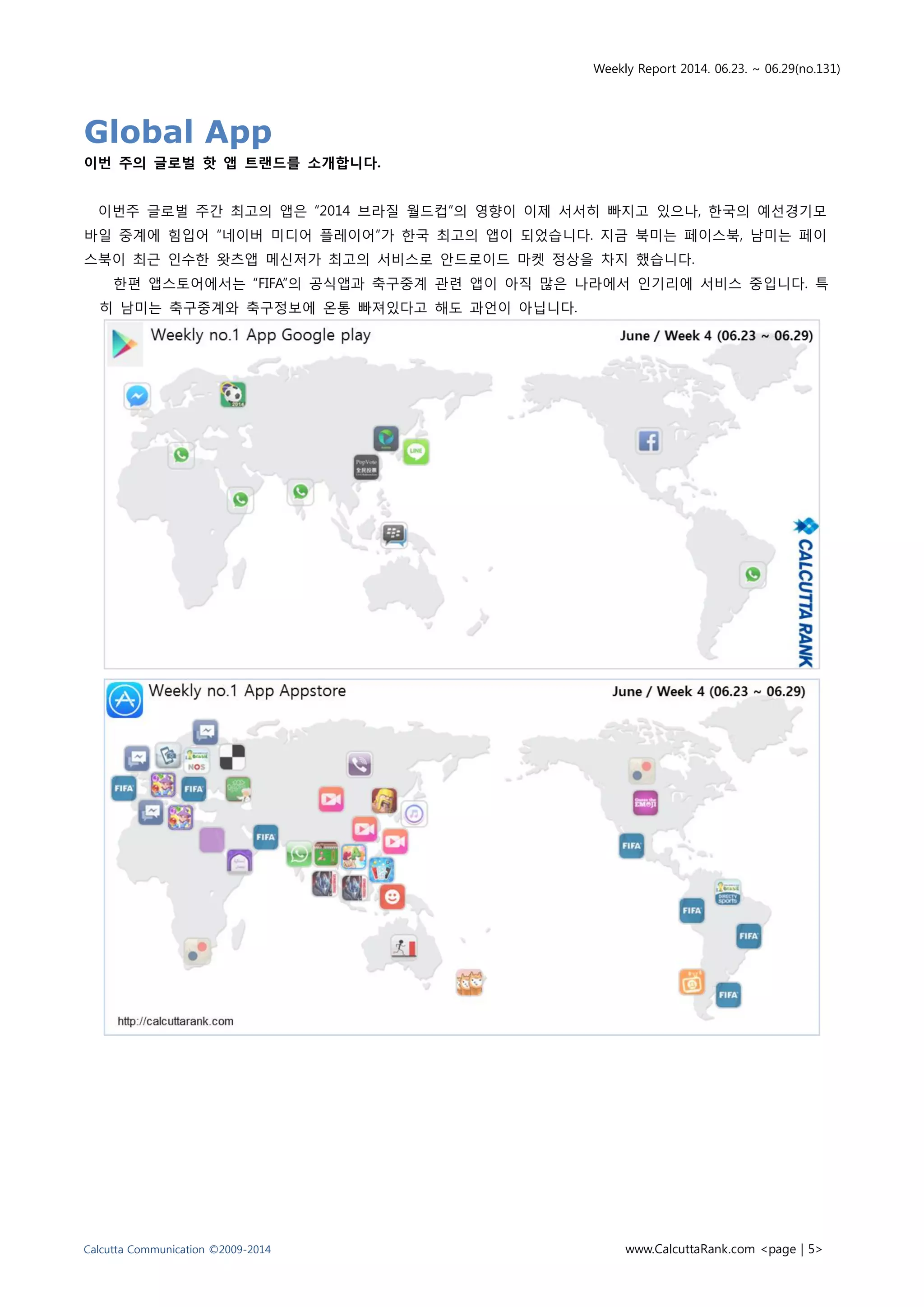 Weekly Report 2014. 06.23. ~ 06.29(no.131)
Calcutta Communication ©2009-2014 www.CalcuttaRank.com <page | 5>
Global App
이번 주의 글로벌 핫 앱 트랜드를 소개합니다.
이번주 글로벌 주간 최고의 앱은 “2014 브라질 월드컵”의 영향이 이제 서서히 빠지고 있으나, 한국의 예선경기모
바일 중계에 힘입어 “네이버 미디어 플레이어”가 한국 최고의 앱이 되었습니다. 지금 북미는 페이스북, 남미는 페이
스북이 최근 인수한 왓츠앱 메신저가 최고의 서비스로 안드로이드 마켓 정상을 차지 했습니다.
한편 앱스토어에서는 “FIFA”의 공식앱과 축구중계 관련 앱이 아직 많은 나라에서 인기리에 서비스 중입니다. 특
히 남미는 축구중계와 축구정보에 온통 빠져있다고 해도 과언이 아닙니다.
 
