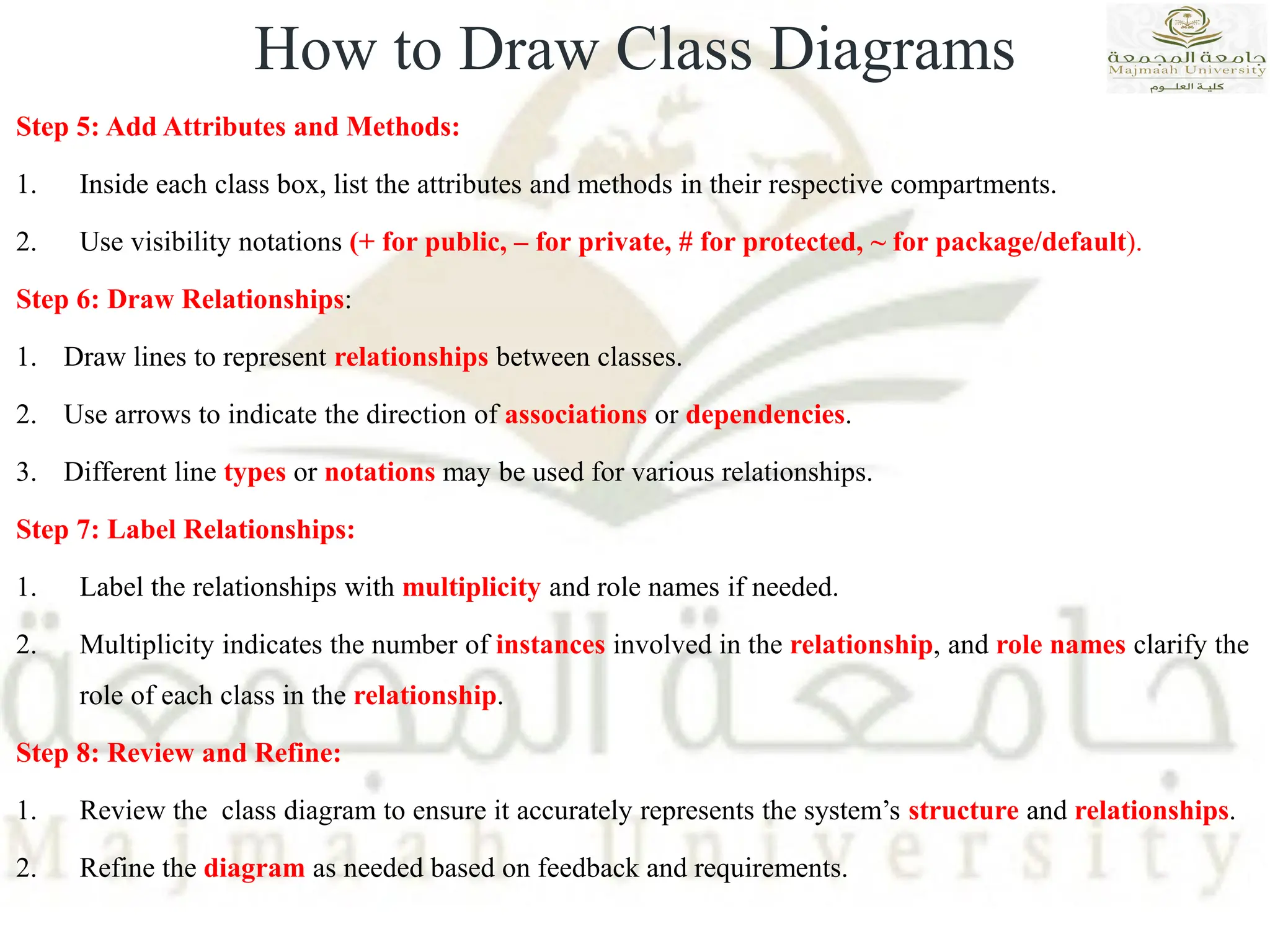 Step 5: Add Attributes and Methods:
1. Inside each class box, list the attributes and methods in their respective compartments.
2. Use visibility notations (+ for public, – for private, # for protected, ~ for package/default).
Step 6: Draw Relationships:
1. Draw lines to represent relationships between classes.
2. Use arrows to indicate the direction of associations or dependencies.
3. Different line types or notations may be used for various relationships.
Step 7: Label Relationships:
1. Label the relationships with multiplicity and role names if needed.
2. Multiplicity indicates the number of instances involved in the relationship, and role names clarify the
role of each class in the relationship.
Step 8: Review and Refine:
1. Review the class diagram to ensure it accurately represents the system’s structure and relationships.
2. Refine the diagram as needed based on feedback and requirements.
How to Draw Class Diagrams
 