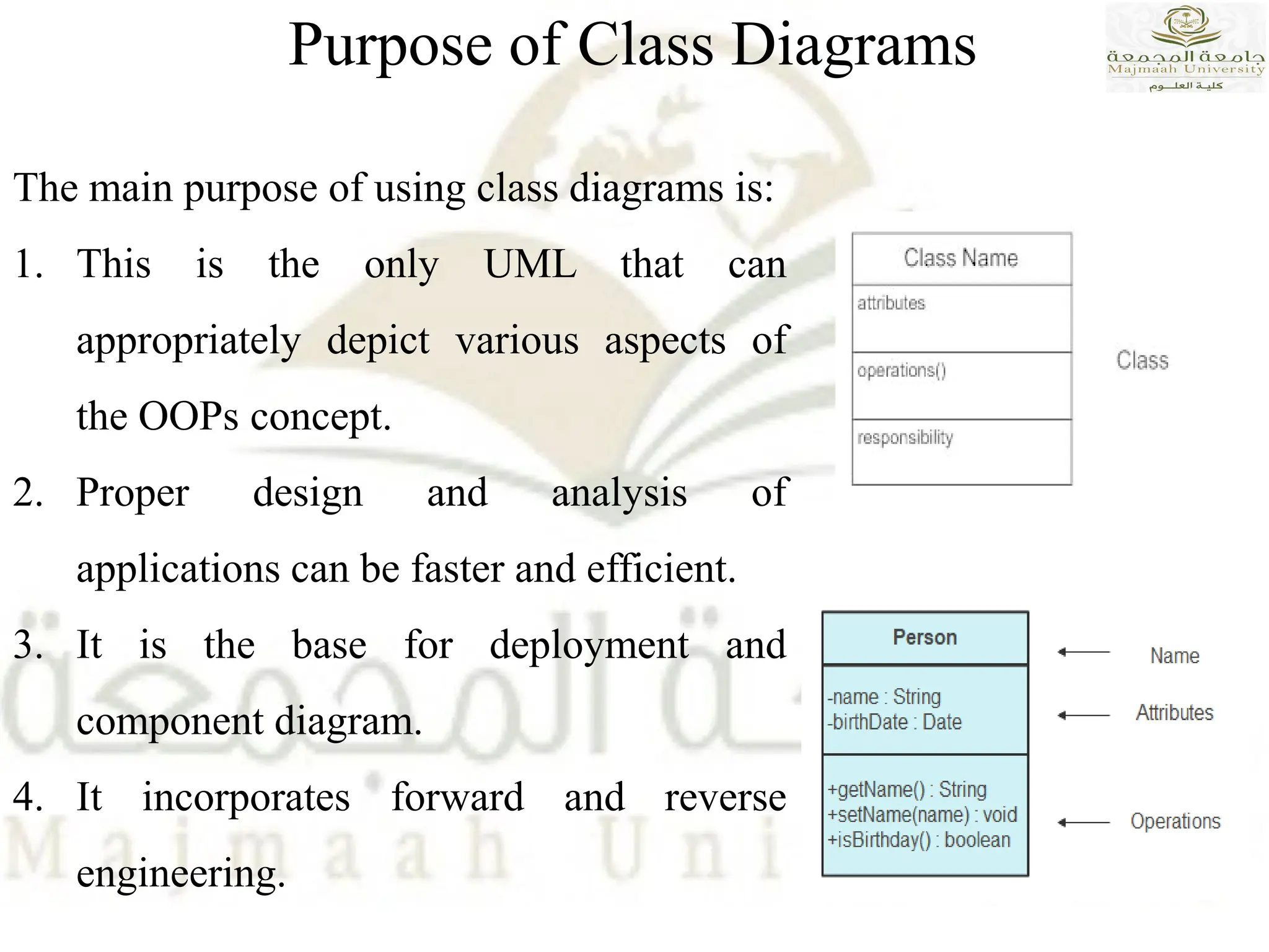 Purpose of Class Diagrams
The main purpose of using class diagrams is:
1. This is the only UML that can
appropriately depict various aspects of
the OOPs concept.
2. Proper design and analysis of
applications can be faster and efficient.
3. It is the base for deployment and
component diagram.
4. It incorporates forward and reverse
engineering.
 