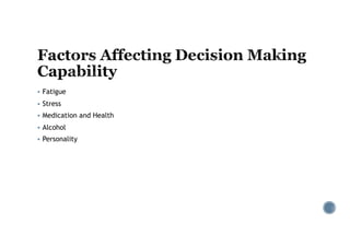 § Fatigue
§ Stress
§ Medication and Health
§ Alcohol
§ Personality
 