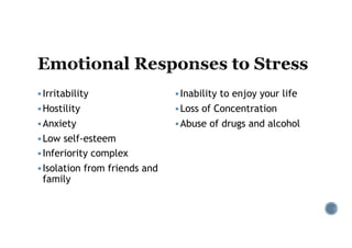 § Irritability
§ Hostility
§ Anxiety
§ Low self-esteem
§ Inferiority complex
§ Isolation from friends and
family
§ Inability to enjoy your life
§ Loss of Concentration
§ Abuse of drugs and alcohol
 