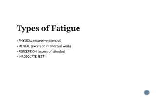 § PHYSICAL (excessive exercise)
§ MENTAL (excess of intellectual work)
§ PERCEPTION (excess of stimulus)
§ INADEOUATE REST
 