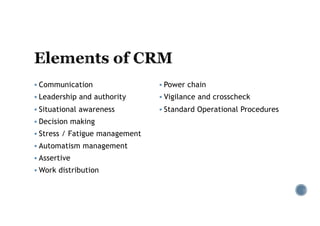 § Communication
§ Leadership and authority
§ Situational awareness
§ Decision making
§ Stress / Fatigue management
§ Automatism management
§ Assertive
§ Work distribution
§ Power chain
§ Vigilance and crosscheck
§ Standard Operational Procedures
 