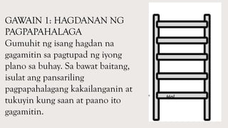 GAWAIN 1: HAGDANAN NG
PAGPAPAHALAGA
Gumuhit ng isang hagdan na
gagamitin sa pagtupad ng iyong
plano sa buhay. Sa bawat baitang,
isulat ang pansariling
pagpapahalagang kakailanganin at
tukuyin kung saan at paano ito
gagamitin.
 