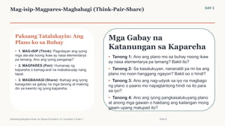 Mag-isip-Magpares-Magbahagi (Think-Pair-Share) DAY 2
Paksang Tatalakayin: Ang
Plano ko sa Buhay
• 1. MAG-ISIP (Think): Pagnilayan ang iyong
mga ala-ala noong ikaw ay nasa elementarya
pa lamang. Ano ang iyong pangarap?
• 2. MAGPARES (Pair): Humanap ng
kapareha o kamag-aral na makakausap nang
tapat.
• 3. MAGBAHAGI (Share): Ibahagi ang iyong
kasagutan sa gabay na mga tanong at makinig
din sa kwento ng iyong kapareha.
Mga Gabay na
Katanungan sa Kapareha
• Tanong 1: Ano ang plano mo sa buhay noong ikaw
ay nasa elementarya pa lamang? Bakit ito?
• Tanong 2: Sa kasalukuyan, nananatili pa rin ba ang
plano mo noon hanggang ngayon? Bakit oo o hindi?
• Tanong 3: Ano ang nag-udyok sa iyo na magbago
ng plano o paano mo napagtantong hindi na ito para
sa iyo?
• Tanong 4: Ano ang iyong pangkasalukuyang plano
at anong mga gawain o hakbang ang kailangan mong
gawin upang matupad ito?
Modelong Banghay-Aralin sa Values Education 10 | Kuwarter 2 Aralin 1 Slide 8
 