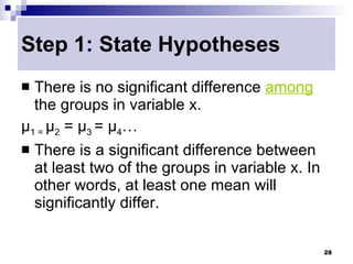 Step 1: State Hypotheses
 There is no significant difference among
  the groups in variable x.
μ1 = μ2 = μ3 = μ4…
   There is a significant difference between
    at least two of the groups in variable x. In
    other words, at least one mean will
    significantly differ.

                                                   28
 