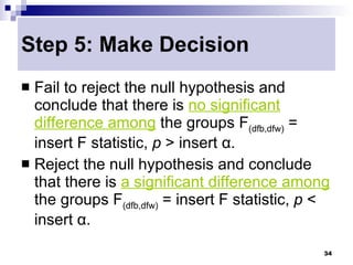 Step 5: Make Decision
 Fail to reject the null hypothesis and
  conclude that there is no significant
  difference among the groups F(dfb,dfw) =
  insert F statistic, p > insert α.
 Reject the null hypothesis and conclude
  that there is a significant difference among
  the groups F(dfb,dfw) = insert F statistic, p <
  insert α.
                                                34
 