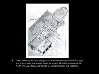 • In this example, the walls are again cut at somewhere around five feet high 
and both exterior and interior detail are shown. Note the inclusion of the 
North arrow (perfectly appropriate for axonometrics as well as plans). 
 