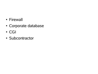 ●   Firewall
●   Corporate database
●   CGI
●   Subcontractor
 