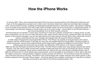 How the iPhone Works


    In January 2007, Steve Jobs introduced the Apple iPhone during his keynote address at the Macworld Conference and
    Expo. In its first appearance onscreen and in Jobs's hand, the phone looked like a sleek but inanimate black rectangle.
 Then, Jobs touched the screen. Suddenly, the featureless rectangle became an interactive surface. Jobs placed a fingertip
on an on-screen arrow and slid it from left to right. When his finger moved, the arrow moved with it, unlocking the phone. To
 some people, this interaction between a human finger and an on-screen image -- and its effect on the iPhone's behavior --
                                    was more amazing than all of its other features combined.
  And those features are plentiful. In some ways, the iPhone is more like a palmtop computer than a cellular phone. As with
many smartphones, you can use it to make and receive calls, watch movies, listen to music, browse the Web, and send and
receive e-mail and text messages. You can also take pictures and video (using an iPhone 3GS or later model) with a built-in
                  camera, import photos from your computer and organize them all using the iPhone's software.
      In 2008, Apple introduced the second generation iPhone. This iPhone can operate on third-generation (3G) cellular
    networks and has a GPS receiver. It also lets you view map and satellite data from Google Maps, including overlays of
    nearby businesses. Owners of the original iPhone got the opportunity to upgrade the software on their phones. The 2.0
              software gives the old phones new functions, but without the GPS receiver or 3G network capability.
 2009 was the year that Apple launched the iPhone 3GS. The 3GS iPhone models have more storage capacity than earlier
   iPhones. They also have a better camera that's capable of taking still shots and video at 30 frames per second. Another
    added feature is a compass, which comes in handy when you need to find your way through unfamiliar territory. Also in
2009 came iPhone OS 3.0, which offered many improvements, such as the ability to cut and paste. In 2010, Steve Jobs took
 the stage to announce a new generation of Apple's runaway success: the iPhone 4. The new device sports two cameras --
 one on the front and one on the back. The iPhone 4 has a retina display with a better resolution than earlier phones. It also
marked a departure from the basic iPhone design -- the phone doesn't have a slightly curved back so it lays flat on surfaces.
                             Jobs also announced a new name for the iPhone operating system: iOS.
 