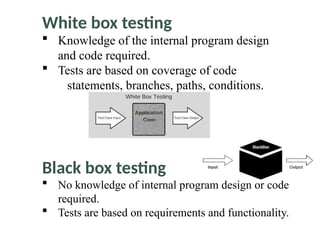 White box testing
 Knowledge of the internal program design
and code required.
 Tests are based on coverage of code
statements, branches, paths, conditions.
Black box testing
 No knowledge of internal program design or code
required.
 Tests are based on requirements and functionality.
 