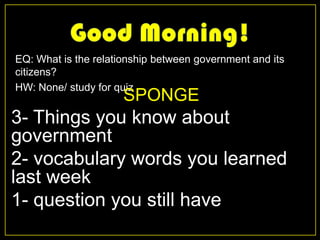 EQ: What is the relationship between government and its
citizens?
HW: None/ study for quiz
                      SPONGE
3- Things you know about
government
2- vocabulary words you learned
last week
1- question you still have
 