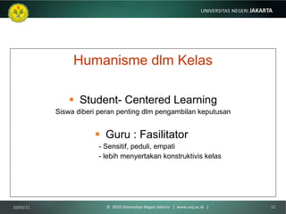 Humanisme dlm Kelas Student- Centered Learning Siswa diberi peran penting dlm pengambilan keputusan Guru : Fasilitator  - Sensitif, peduli, empati - lebih menyertakan konstruktivis kelas 10/03/11 ©  2010 Universitas Negeri Jakarta  |  www.unj.ac.id  | 