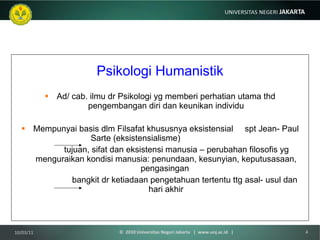 Psikologi Humanistik Ad/ cab. ilmu dr Psikologi yg memberi perhatian utama thd pengembangan diri dan keunikan individu Mempunyai basis dlm Filsafat khususnya eksistensial  spt Jean- Paul Sarte (eksistensialisme)  tujuan, sifat dan eksistensi manusia – perubahan filosofis yg menguraikan kondisi manusia: penundaan, kesunyian, keputusasaan, pengasingan  bangkit dr ketiadaan pengetahuan tertentu ttg asal- usul dan hari akhir 10/03/11 ©  2010 Universitas Negeri Jakarta  |  www.unj.ac.id  | 