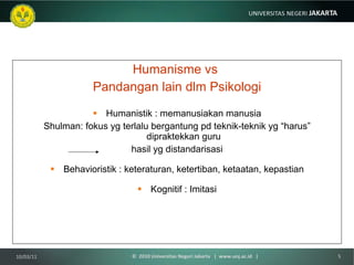 Humanisme vs  Pandangan lain dlm Psikologi Humanistik : memanusiakan manusia Shulman: fokus yg terlalu bergantung pd teknik-teknik yg “harus” dipraktekkan guru hasil yg distandarisasi Behavioristik : keteraturan, ketertiban, ketaatan, kepastian Kognitif : Imitasi 10/03/11 ©  2010 Universitas Negeri Jakarta  |  www.unj.ac.id  | 