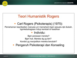 Teori Humanistik Rogers Carl Rogers (Psikoterapis) (1975): Pemahaman kepribadian manusia un/ memahami bgm sesuatu dpt diubah, bgmkebahagiaan hidup kembali dr ksedihan Individu:   Bgm perasaan mereka? Bgm hub. Mereka dg yg lain?  Kondisi yg menjadikan mereka berubah? Pengaruh Psikoterapi dan Konseling 10/03/11 ©  2010 Universitas Negeri Jakarta  |  www.unj.ac.id  | 