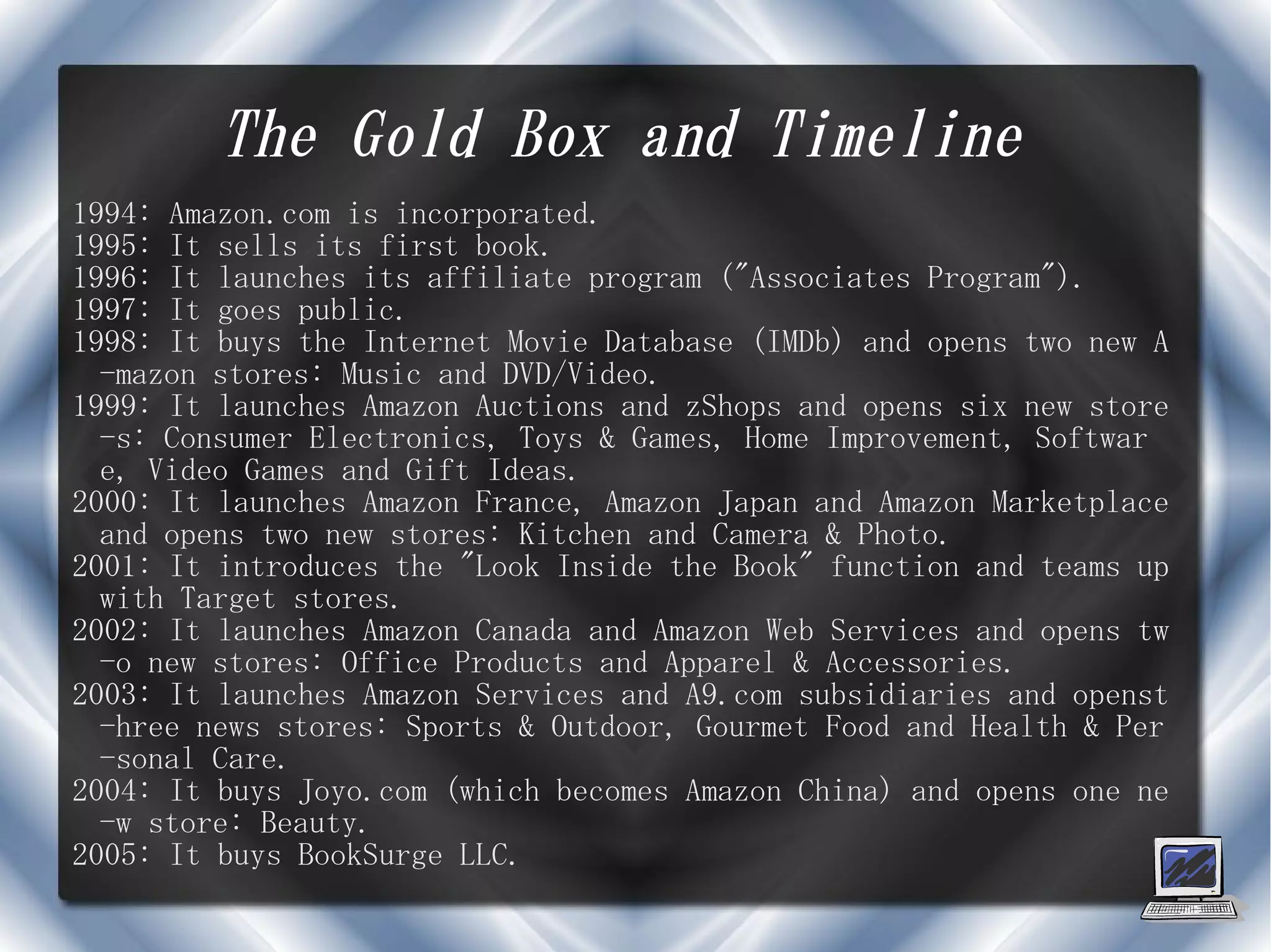 The Gold Box and Timeline
1994: Amazon.com is incorporated.
1995: It sells its first book.
1996: It launches its affiliate program ("Associates Program").
1997: It goes public.
1998: It buys the Internet Movie Database (IMDb) and opens two new A
  -mazon stores: Music and DVD/Video.
1999: It launches Amazon Auctions and zShops and opens six new store
  -s: Consumer Electronics, Toys & Games, Home Improvement, Softwar
  e, Video Games and Gift Ideas.
2000: It launches Amazon France, Amazon Japan and Amazon Marketplace
  and opens two new stores: Kitchen and Camera & Photo.
2001: It introduces the "Look Inside the Book" function and teams up
  with Target stores.
2002: It launches Amazon Canada and Amazon Web Services and opens tw
  -o new stores: Office Products and Apparel & Accessories.
2003: It launches Amazon Services and A9.com subsidiaries and openst
  -hree news stores: Sports & Outdoor, Gourmet Food and Health & Per
  -sonal Care.
2004: It buys Joyo.com (which becomes Amazon China) and opens one ne
  -w store: Beauty.
2005: It buys BookSurge LLC.
 