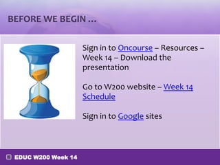 BEFORE WE BEGIN …

                     Sign in to Oncourse – Resources –
                     Week 14 – Download the
                     presentation

                     Go to W200 website – Week 14
                     Schedule

                     Sign in to Google sites



 EDUC W200 Week 14
 