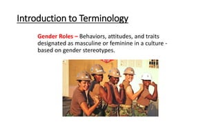 Introduction to Terminology
Gender Roles – Behaviors, attitudes, and traits
designated as masculine or feminine in a culture -
based on gender stereotypes.
 