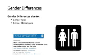 Gender Differences
Gender Differences due to:
 Gender Roles
 Gender Stereotypes
 