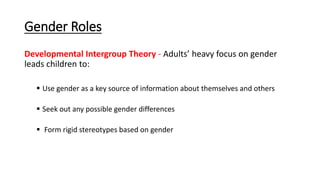 Gender Roles
Developmental Intergroup Theory - Adults’ heavy focus on gender
leads children to:
 Use gender as a key source of information about themselves and others
 Seek out any possible gender differences
 Form rigid stereotypes based on gender
 