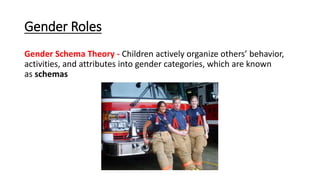 Gender Roles
Gender Schema Theory - Children actively organize others’ behavior,
activities, and attributes into gender categories, which are known
as schemas
 