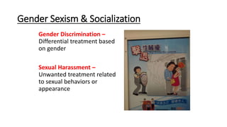 Gender Sexism & Socialization
Gender Discrimination –
Differential treatment based
on gender
Sexual Harassment –
Unwanted treatment related
to sexual behaviors or
appearance
 