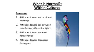 Discussion
1. Attitudes toward sex outside of
marriage
2. Attitudes toward sex between
members of different religions
3. Attitudes toward same sex
relationships
4. Attitudes toward teenagers
having sex
What is Normal?:
Within Cultures
 