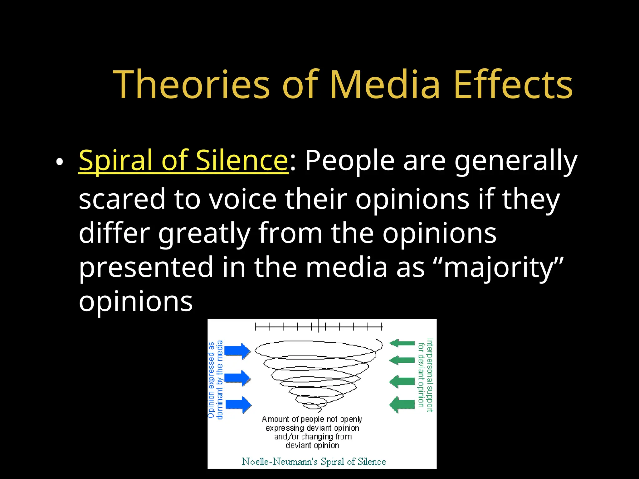 Theories of Media Effects
• Spiral of Silence: People are generally
scared to voice their opinions if they
differ greatly from the opinions
presented in the media as “majority”
opinions
 