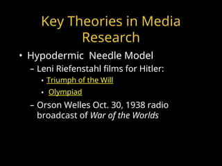 Key Theories in Media
Research
• Hypodermic Needle Model
– Leni Riefenstahl films for Hitler:
• Triumph of the Will
• Olympiad
– Orson Welles Oct. 30, 1938 radio
broadcast of War of the Worlds
 