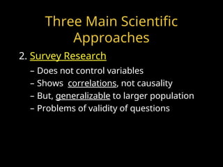 Three Main Scientific
Approaches
2. Survey Research
– Does not control variables
– Shows correlations, not causality
– But, generalizable to larger population
– Problems of validity of questions
 