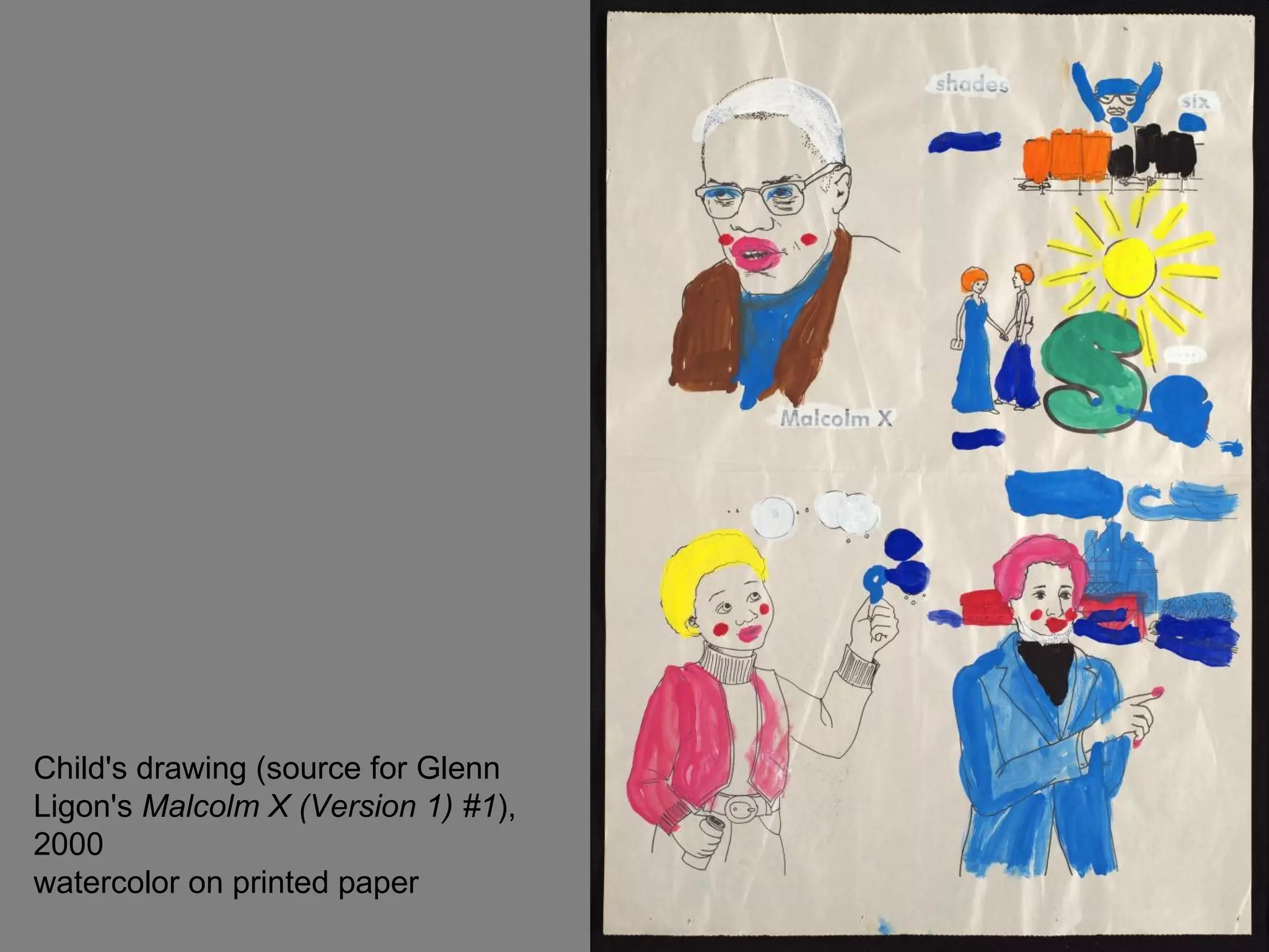 Child's drawing (source for Glenn Ligon's  Malcolm X (Version 1) #1 ), 2000 watercolor on printed paper 