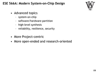 ESE 566A: Modern System-on-Chip Design
•  Advanced topics
–  system-on-chip
–  software/hardware partition
–  high-level synthesis
–  reliability, resilience, security
•  More Project-centric
•  More open-ended and research-oriented
19
 