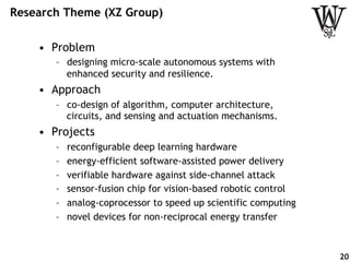 Research Theme (XZ Group)
•  Problem
–  designing micro-scale autonomous systems with
enhanced security and resilience.
•  Approach
–  co-design of algorithm, computer architecture,
circuits, and sensing and actuation mechanisms.
•  Projects
–  reconfigurable deep learning hardware
–  energy-efficient software-assisted power delivery
–  verifiable hardware against side-channel attack
–  sensor-fusion chip for vision-based robotic control
–  analog-coprocessor to speed up scientific computing
–  novel devices for non-reciprocal energy transfer
20
 
