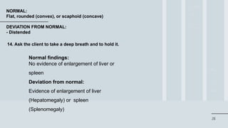 28
NORMAL:
Flat, rounded (convex), or scaphoid (concave)
DEVIATION FROM NORMAL:
- Distended
14. Ask the client to take a deep breath and to hold it.
Normal findings:
No evidence of enlargement of liver or
spleen
Deviation from normal:
Evidence of enlargement of liver
(Hepatomegaly) or spleen
(Splenomegaly)
 