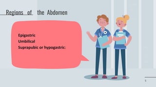Regions of the Abdomen
Epigastric
Umbilical
Suprapubic or hypogastric:
6
 