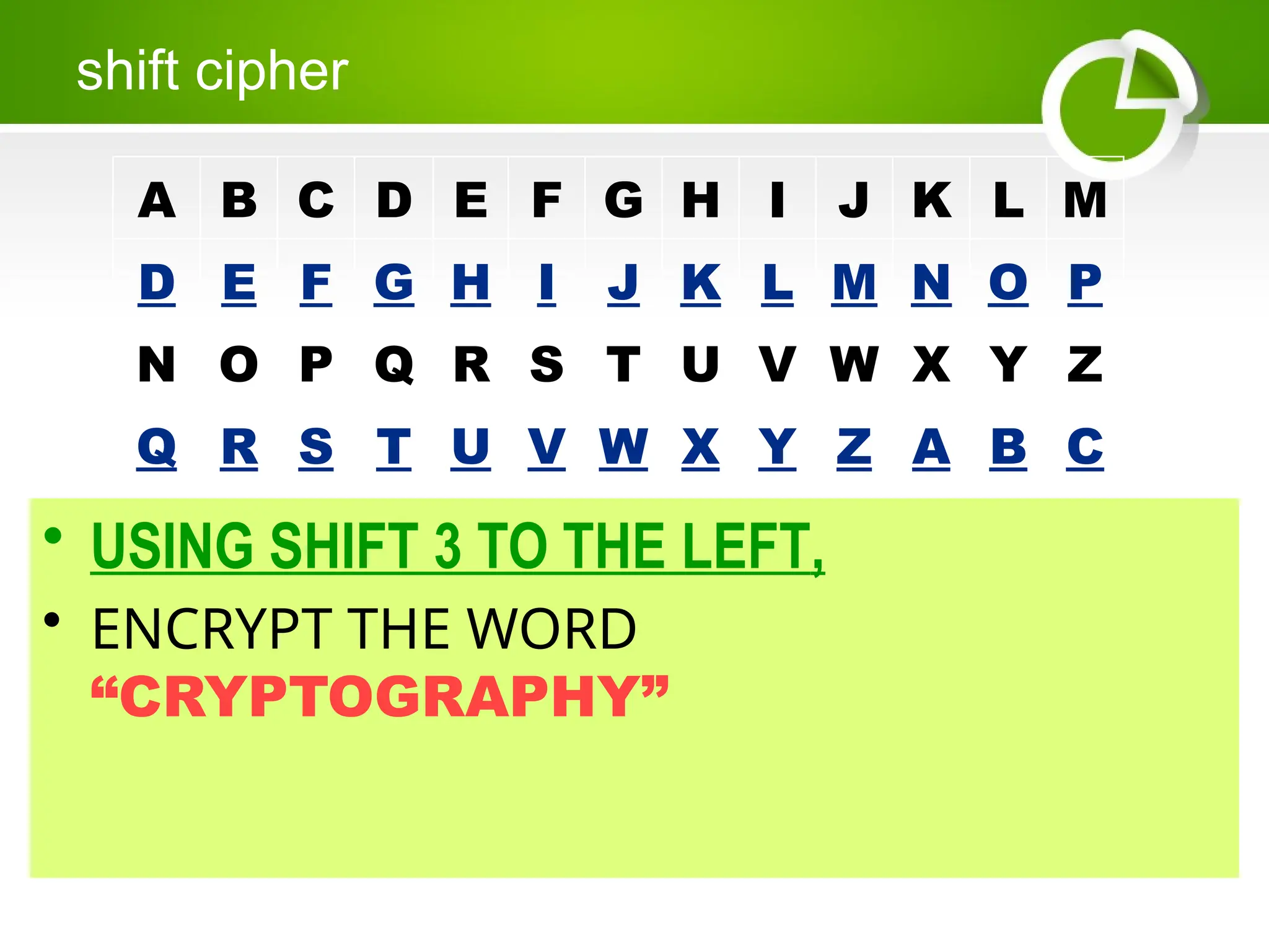 • USING SHIFT 3 TO THE LEFT,
• ENCRYPT THE WORD
“CRYPTOGRAPHY”
shift cipher
A B C D E F G H I J K L M
D E F G H I J K L M N O P
N O P Q R S T U V W X Y Z
Q R S T U V W X Y Z A B C
 