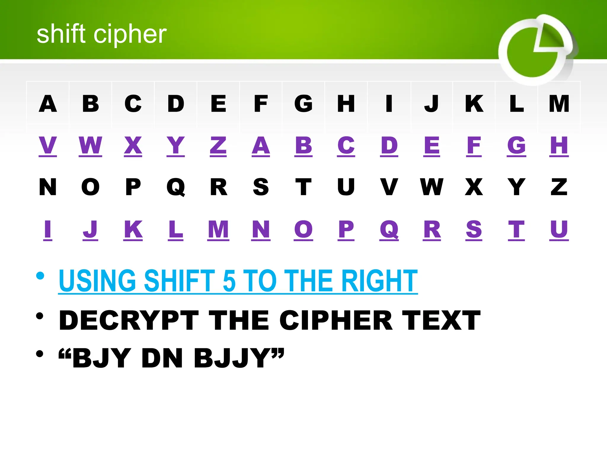 • USING SHIFT 5 TO THE RIGHT
• DECRYPT THE CIPHER TEXT
• “BJY DN BJJY”
shift cipher
A B C D E F G H I J K L M
V W X Y Z A B C D E F G H
N O P Q R S T U V W X Y Z
I J K L M N O P Q R S T U
 