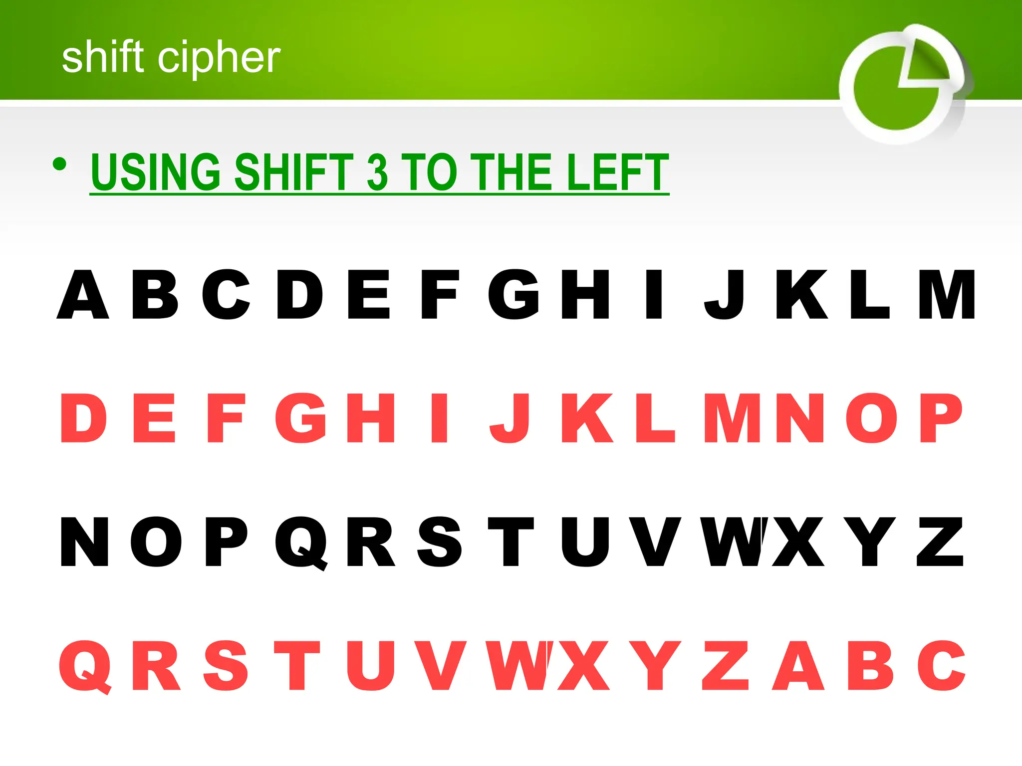• USING SHIFT 3 TO THE LEFT
shift cipher
A B C D E F G H I J K L M
D E F G H I J K L MN O P
N O P Q R S T U V WX Y Z
Q R S T U V WX Y Z A B C
 