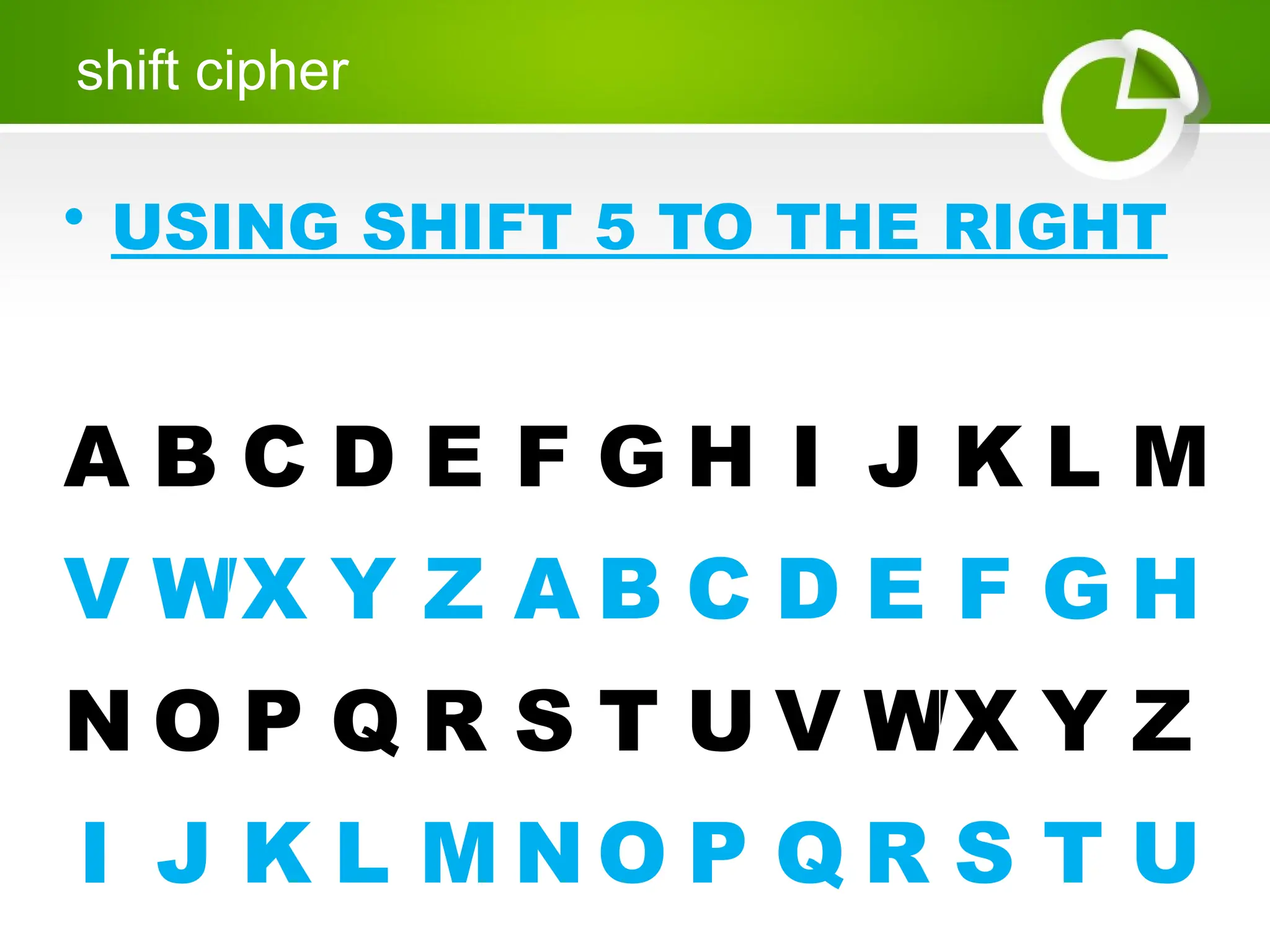 • USING SHIFT 5 TO THE RIGHT
shift cipher
A B C D E F G H I J K L M
V WX Y Z A B C D E F G H
N O P Q R S T U V WX Y Z
I J K L M NO P Q R S T U
 